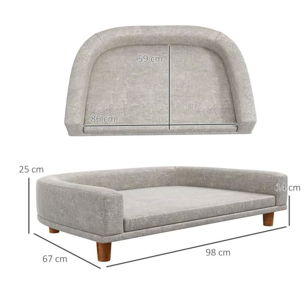 Hundesofa, kæledyrssofa Kattesofa med pude, hundeseng til store hunde, hundesofa med hævet design, hundestol med træben, grå, 98 x 67 x 25 cm