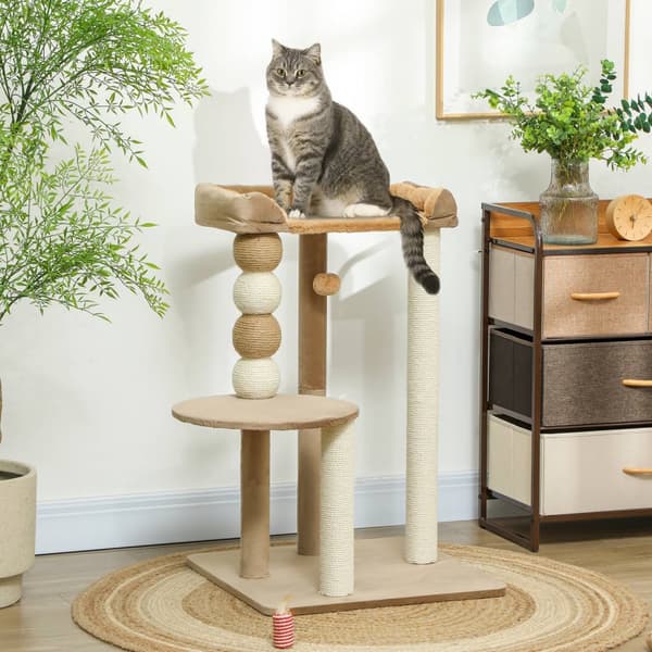 Kradbestol 86 cm kattetræ med hoppeplatform, seng, legebold, kattekradsestolpe med jute kradsestolpe, til katte op til 7 kg, kaffe