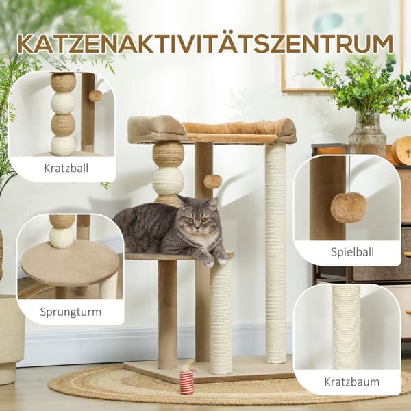 Kradbestol 86 cm kattetræ med hoppeplatform, seng, legebold, kattekradsestolpe med jute kradsestolpe, til katte op til 7 kg, kaffe
