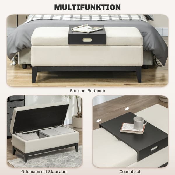 Benk med oppbevaringsplass, polstret benk, kan holde opptil 120 kg, sengebenk med oppbevaringsboks, skum til stue, soverom, kremhvit, 107 x 50 x 44 cm