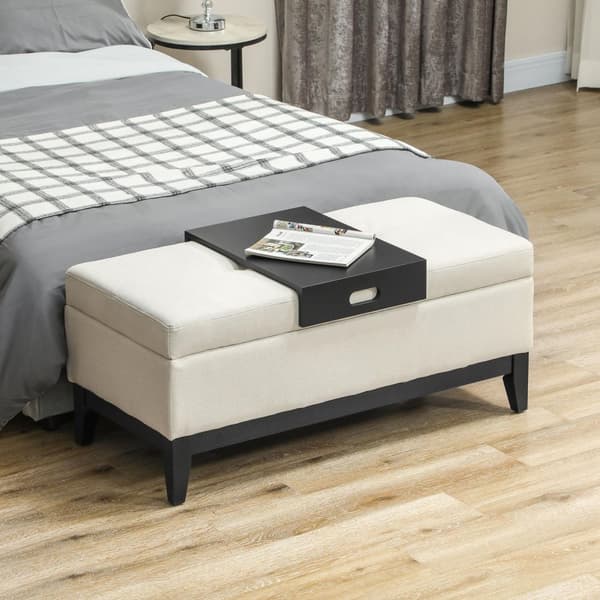 Benk med oppbevaringsplass, polstret benk, kan holde opptil 120 kg, sengebenk med oppbevaringsboks, skum til stue, soverom, kremhvit, 107 x 50 x 44 cm