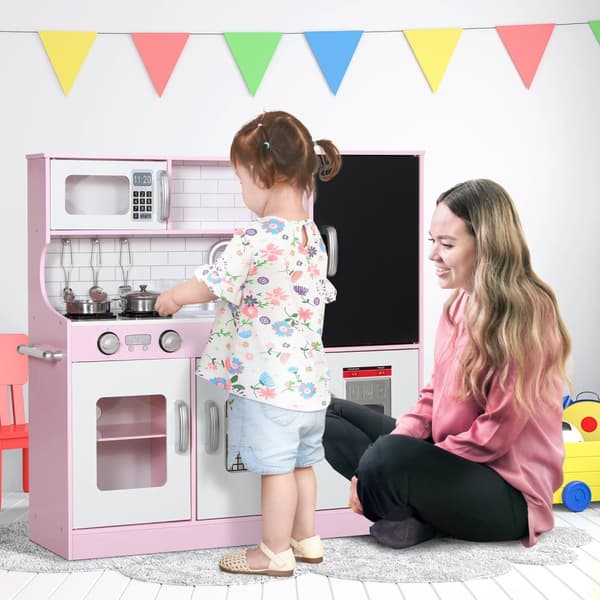 Barnekjøkken lekekjøkken med leketelefon, tavle, mikrobølgeovn, komfyr, vask, dukkekjøkken med kjøkkentilbehør, isbitmaskin for 3-8 år barn, rosa
