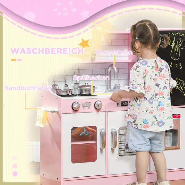 Barnekjøkken lekekjøkken med leketelefon, tavle, mikrobølgeovn, komfyr, vask, dukkekjøkken med kjøkkentilbehør, isbitmaskin for 3-8 år barn, rosa