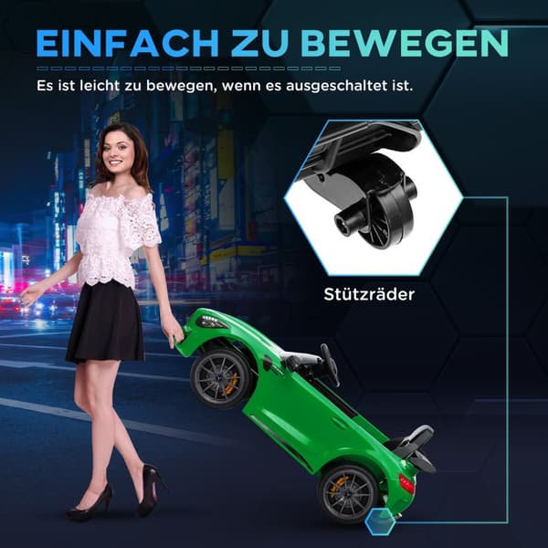 Børneelbil 12 V børnebil med 2,4G fjernbetjening, USB, MP3, musik, elbil med lys, softstart, bakfunktion, 3-5 km/t, til børn 3-6 år, grøn