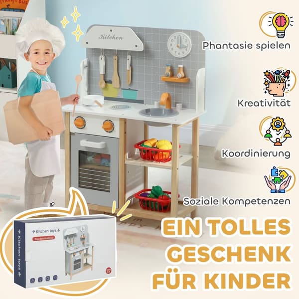 Barnekjøkken lekekjøkken med komfyr, stekeovn, vask, klokke og hyller, dukkekjøkken med kran, kokekarsett, tilbehør for 3-6 år barn, grå