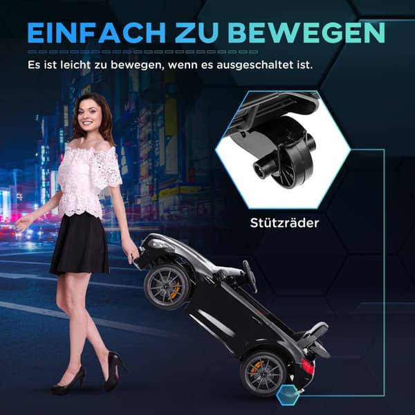Børne elbil 12 V børnebil med 2,4G fjernbetjening, USB, MP3, musik, elbil med lys, softstart, bakfunktion, 3-5 km/t, til børn 3-6 år, sort