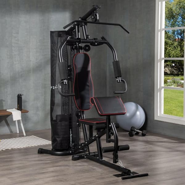 Kraftstasjon, multifunksjonell treningsstasjon med lat nedtrekk og butterflystang, vektbenk, brystpress, krølltang, treningsapparat med 45 kg vektblok