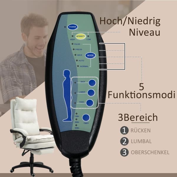 Kontorstol med 6-punkts massasje, ergonomisk spillestol med liggefunksjon, høydejusterbar lederstol med fotstøtte, 120 kg bæreevne, for studier, konto