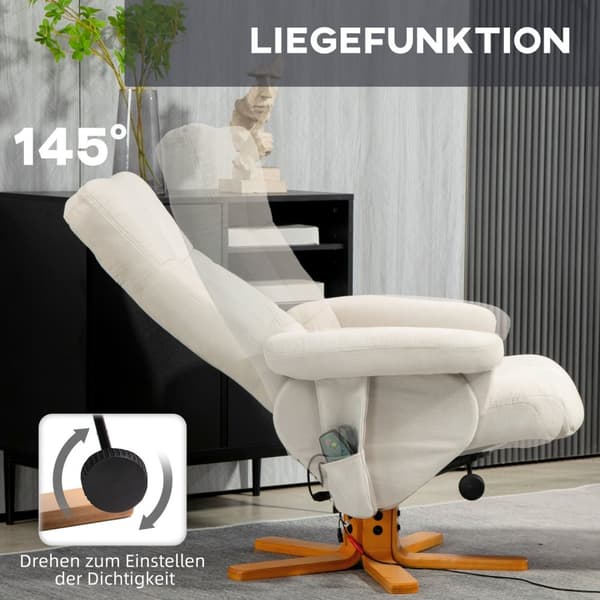 Afslapningsstol, massagestol med skammel og opbevaringsplads, tv-stol med lænefunktion, 360° drejelig med sidelomme, kunstlæder, 80 x 86 x 99 cm, crem