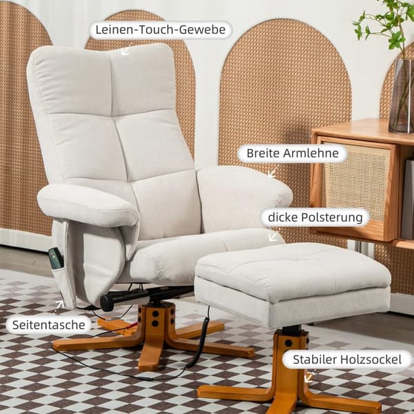 Afslapningsstol, massagestol med skammel og opbevaringsplads, tv-stol med lænefunktion, 360° drejelig med sidelomme, kunstlæder, 80 x 86 x 99 cm, crem