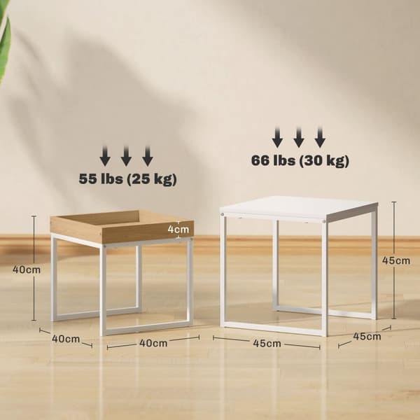 Sarja 2 sohvapöytää, neliönmuotoiset sivupöydät, sohvapöytä teräsrungolla, sohvapöytä moderni muotoilu, olohuoneeseen, kantavuus jopa 30 kg, valkoinen