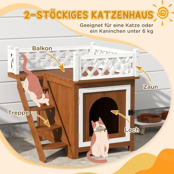 Kattehule, kattehus lavet af grantræ, kattehus med balkon, trapper, til katte, kaniner op til 6 kg, indendørs, udendørs 67,5 x 63 x 68,5 cm, brun