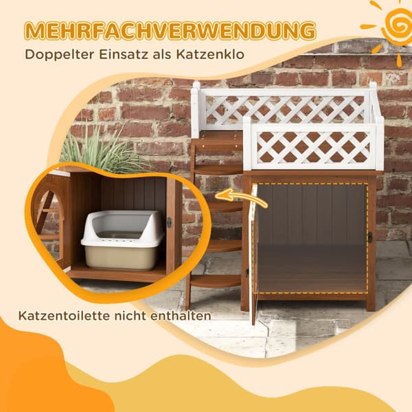 Kattehule, kattehus lavet af grantræ, kattehus med balkon, trapper, til katte, kaniner op til 6 kg, indendørs, udendørs 67,5 x 63 x 68,5 cm, brun