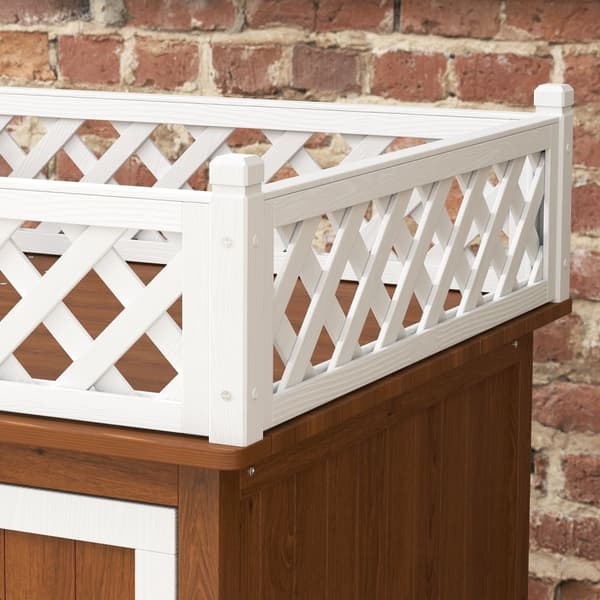 Kattehule, kattehus lavet af grantræ, kattehus med balkon, trapper, til katte, kaniner op til 6 kg, indendørs, udendørs 67,5 x 63 x 68,5 cm, brun