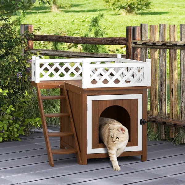 Kattehule, kattehus lavet af grantræ, kattehus med balkon, trapper, til katte, kaniner op til 6 kg, indendørs, udendørs 67,5 x 63 x 68,5 cm, brun