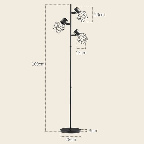 Golvlampa, golvlampa med 3 E27 socklar, 40 W golvlampa med 3 justerbara lågor, för vardagsrum, höjd 169 cm, metall, exklusive glödlampa, svart