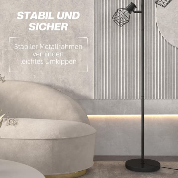 Golvlampa, golvlampa med 3 E27 socklar, 40 W golvlampa med 3 justerbara lågor, för vardagsrum, höjd 169 cm, metall, exklusive glödlampa, svart