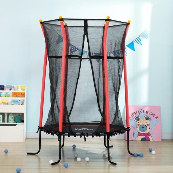 Børnetrampolin Ø163,5 cm, indendørs trampolin med sikkerhedsnet kantafdækning gummitov, børnetrampolin op til 50 kg, til børn 3-10 år rød