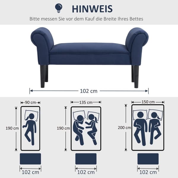 Sengebenk, polstret benk, benk, gangbenk for soverom, bæreevne opptil 130 kg, seilstoff, blå, 102 x 36 x 51 cm