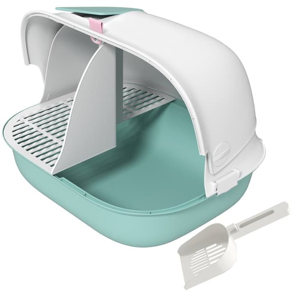 Kattetoalett med lokk, kattesandboks med sil, dør, spade, lukket kattetoaletthus for små katter under 3,5 kg, innendørs, plast, grønn