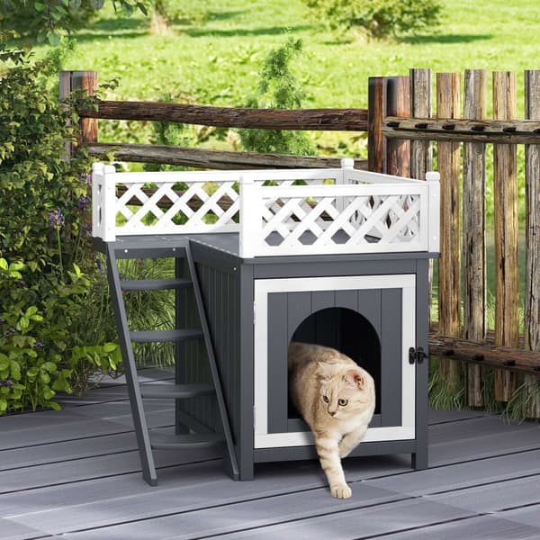 Kattehule, kattehus lavet af grantræ, kattehus med balkon, trapper, til katte, kaniner op til 6 kg, indendørs, udendørs 67,5 x 63 x 68,5 cm, grå