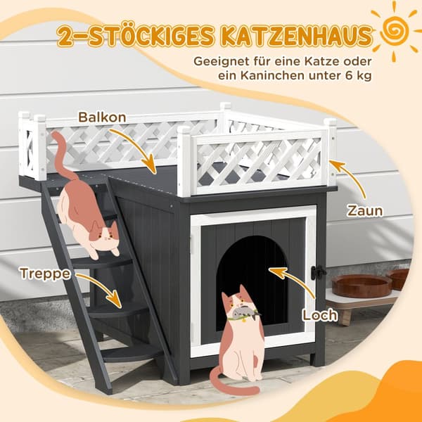 Kattehule, kattehus lavet af grantræ, kattehus med balkon, trapper, til katte, kaniner op til 6 kg, indendørs, udendørs 67,5 x 63 x 68,5 cm, grå