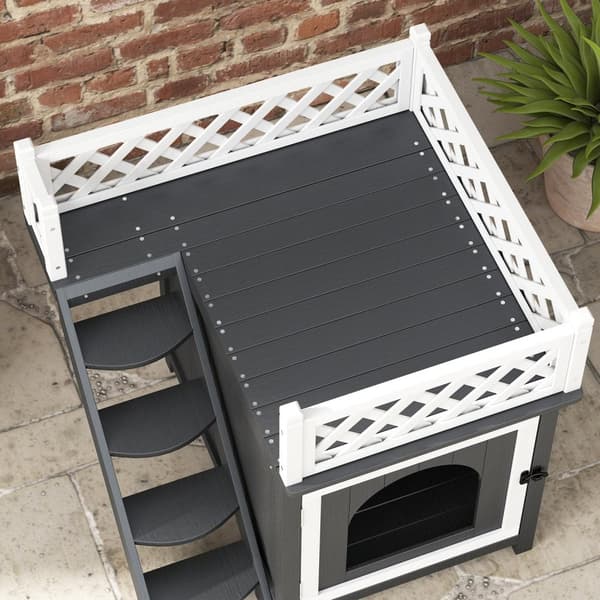 Kattehule, kattehus lavet af grantræ, kattehus med balkon, trapper, til katte, kaniner op til 6 kg, indendørs, udendørs 67,5 x 63 x 68,5 cm, grå