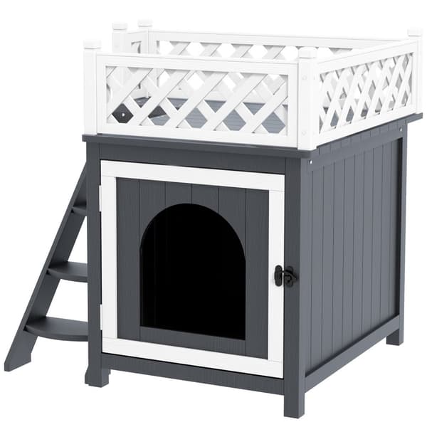 Kattehule, kattehus lavet af grantræ, kattehus med balkon, trapper, til katte, kaniner op til 6 kg, indendørs, udendørs 67,5 x 63 x 68,5 cm, grå