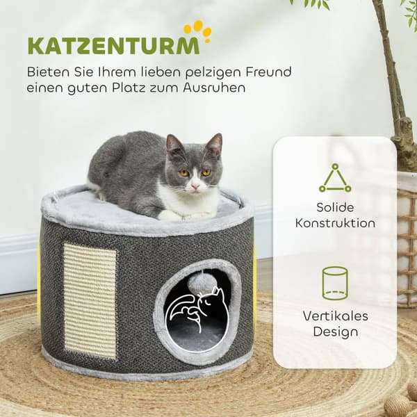 Kløetønne, 30 cm høy kattetønne med hule, skrapestolpe, kattetårn laget av sisal, for katter opp til 5 kg, mørkegrå