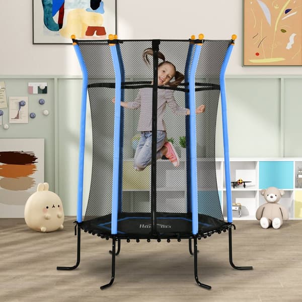 Børnetrampolin Ø163,5 cm, indendørstrampolin med sikkerhedsnet kantafdækning gummitov, børnetrampolin op til 50 kg, til børn 3-10 år blå