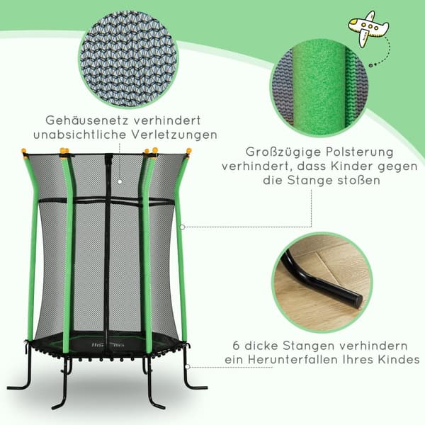 Barnstudsmatta Ø163,5 cm, inomhusstudsmatta med skyddsnät kantskydd gummirep, barnstudsmatta upp till 50 kg, för barn 3-10 år grön