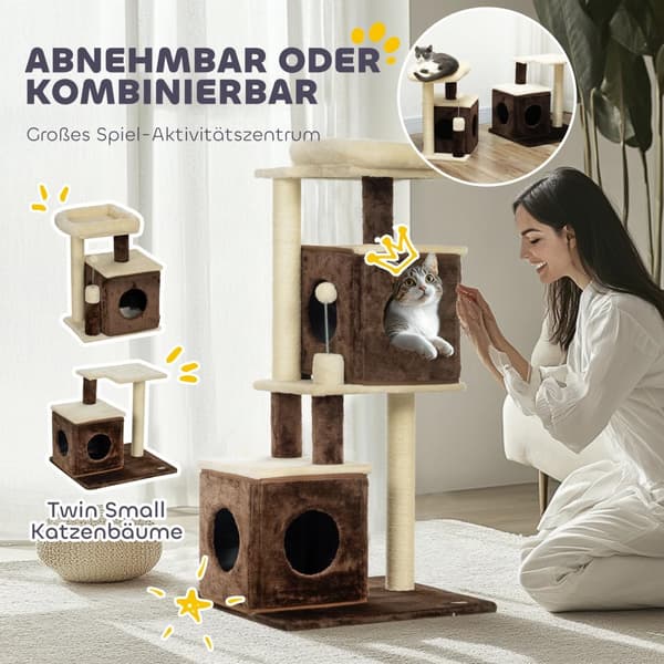 Kløestolpe 107 cm kattetre med kattehule, seng, lekeball, katteklodestolpe med sisal skrapestolper, for katter opp til 5 kg, mørkebrun
