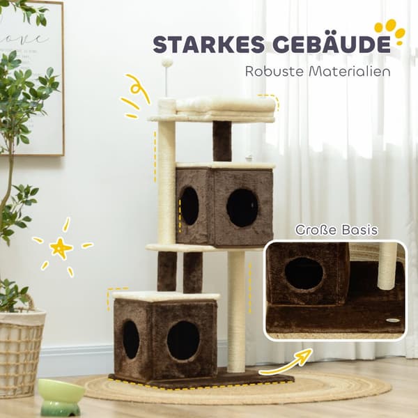 Kløestolpe 107 cm kattetre med kattehule, seng, lekeball, katteklodestolpe med sisal skrapestolper, for katter opp til 5 kg, mørkebrun