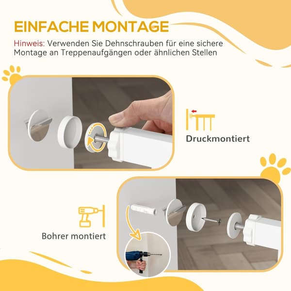 Dörrgrind för hund, 76-104 cm trappgrind utan borrning, låsbar trappgrind med kattdörr, skyddsgrind för alla stora hundar, stål, vit
