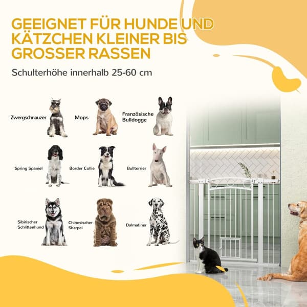 Dörrgrind för hund, 76-104 cm trappgrind utan borrning, låsbar trappgrind med kattdörr, skyddsgrind för alla stora hundar, stål, vit
