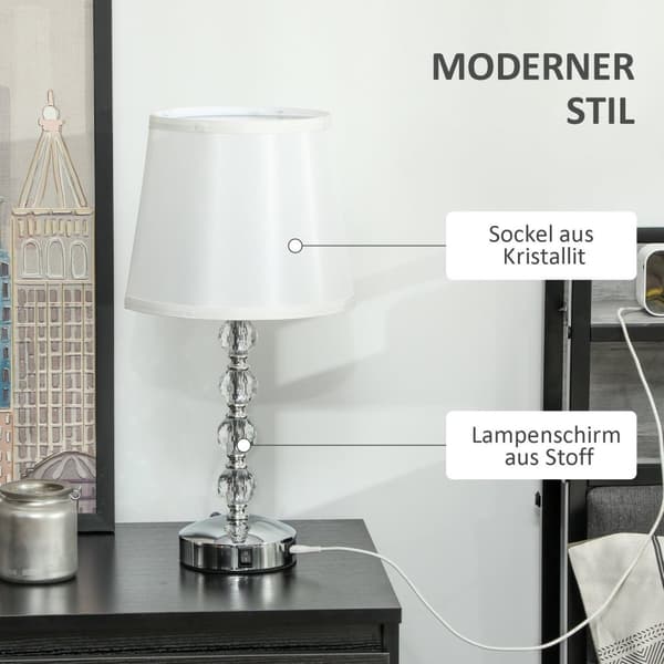 Bordslampa LED-bordslampa USB uppladdningsbar sänglampa i kristall, lampfot E27, för vardagsrum, sovrum, glas, silver 23 x 23 x 45 cm