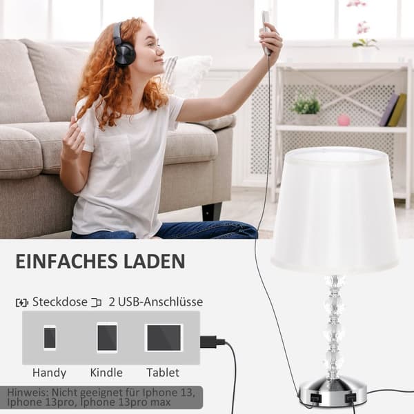 Bordslampa LED-bordslampa USB uppladdningsbar sänglampa i kristall, lampfot E27, för vardagsrum, sovrum, glas, silver 23 x 23 x 45 cm