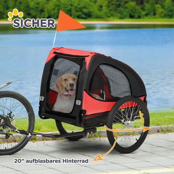Hundehenger, sammenleggbar sykkelhenger for hunder, hundevogn med reflekser, hurtigutløser, hundesykkelhenger, vanntett, Oxfordduk, stål, rød, 140 x 7