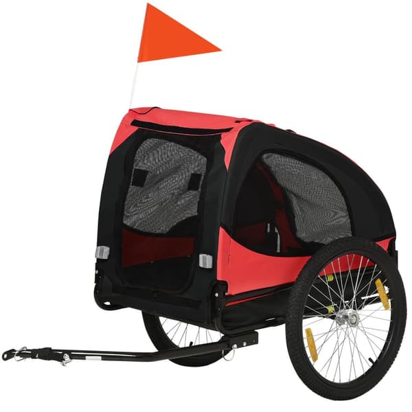Hundehenger, sammenleggbar sykkelhenger for hunder, hundevogn med reflekser, hurtigutløser, hundesykkelhenger, vanntett, Oxfordduk, stål, rød, 140 x 7
