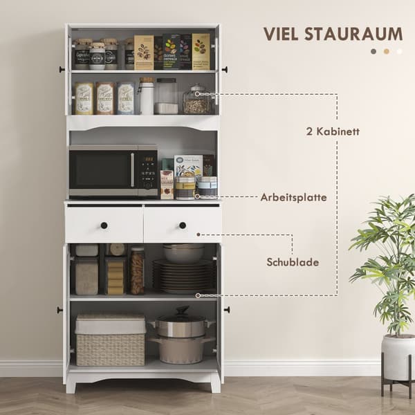 Kjøkkenskap høyskap med mikrobølgeovn hylle, 2 skap, 2 skuffer, vitrineskap med justerbare hyller, vippebeskyttelse, buffet skap til stue, spisestue,