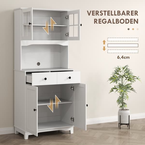 Kjøkkenskap høyskap med mikrobølgeovn hylle, 2 skap, 2 skuffer, vitrineskap med justerbare hyller, vippebeskyttelse, buffet skap til stue, spisestue,
