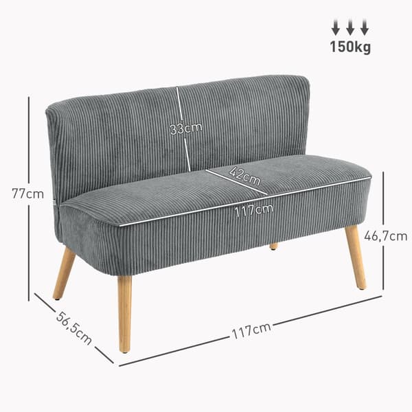 2-seters sofa, sofa i cordfløyellook, treben, polstret sofa, dobbel sofa for stue, soverom, 117 x 56,5 x 77 cm, grå