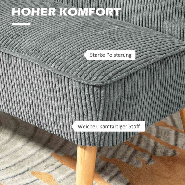 2-seters sofa, sofa i cordfløyellook, treben, polstret sofa, dobbel sofa for stue, soverom, 117 x 56,5 x 77 cm, grå