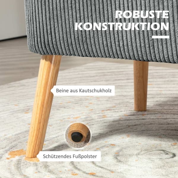 2-seters sofa, sofa i cordfløyellook, treben, polstret sofa, dobbel sofa for stue, soverom, 117 x 56,5 x 77 cm, grå