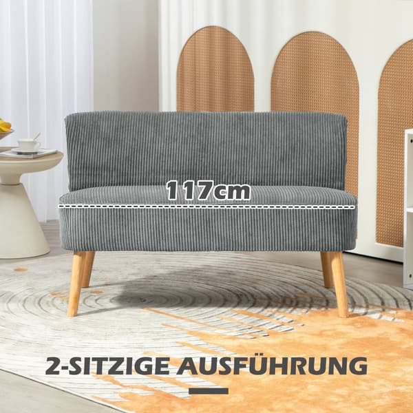 2-seters sofa, sofa i cordfløyellook, treben, polstret sofa, dobbel sofa for stue, soverom, 117 x 56,5 x 77 cm, grå