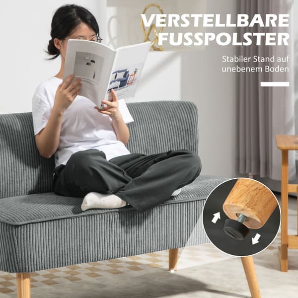 2-seters sofa, sofa i cordfløyellook, treben, polstret sofa, dobbel sofa for stue, soverom, 117 x 56,5 x 77 cm, grå
