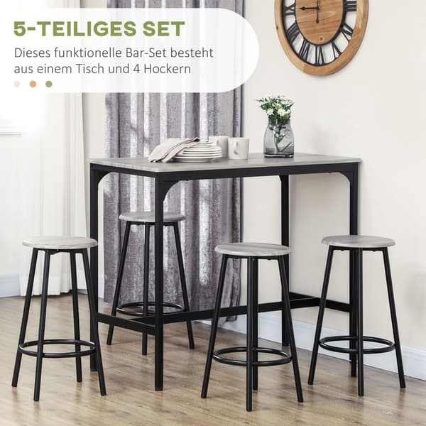Barbord med barstolsett, 5 stk. Barbordsett Kjøkkenbord med 4 barkrakker Industriell design Spisestuesett Kjøkken Spisestue Metallgrå