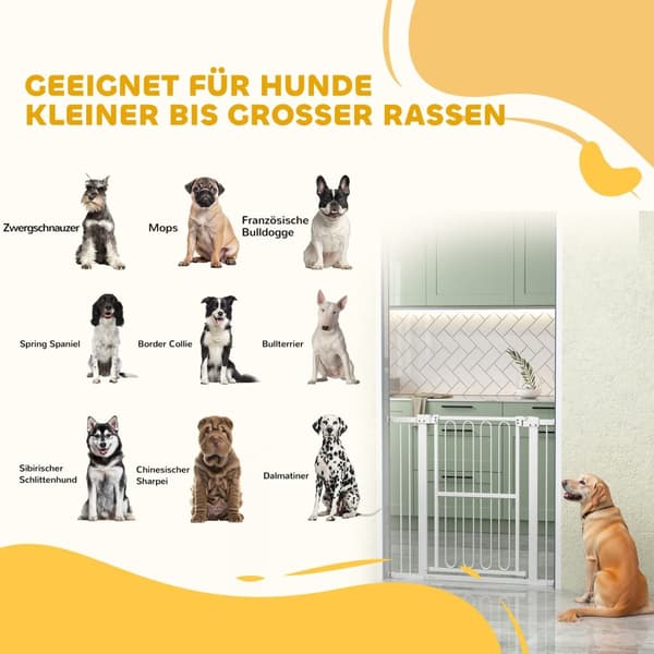 Dörrgrind för hund, 76-104 cm trappgrind utan borrning, låsbar trappgrind, skyddsgrind för alla stora hundar, stål, vit