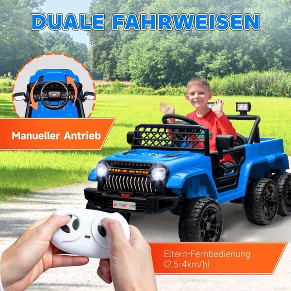 Børneelbil, 12 V terrængående køretøj med 2,4G fjernbetjening, trailer, børnekøretøj med LED lys, blød start, musik og horn, 2,5-4 km/t, til 3-8 år bø