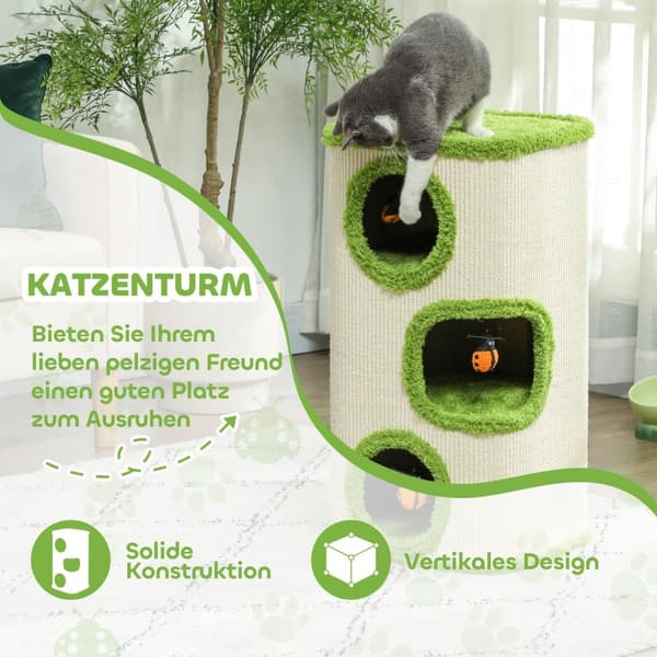 Kradsetønde, 76 cm høj, kattetønde med 3 huler, kradsestolpe med mariehønelegetøj, kattetårn af sisal, til katte op til 5 kg, grøn + cremehvid